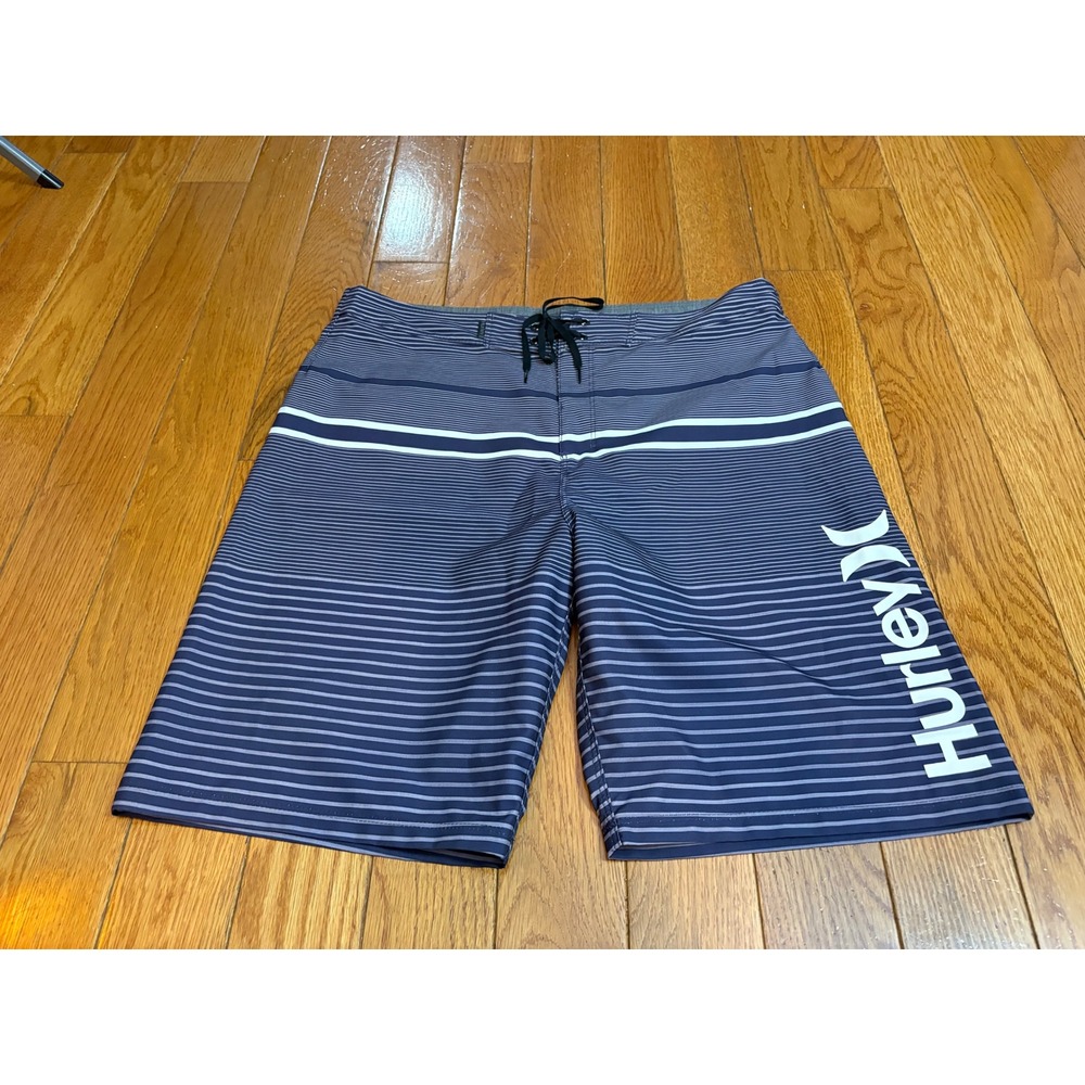 Hurley Mens Board Shorts Size 32 Navy Blue Grey Striped Swim Trunks Logo Surf